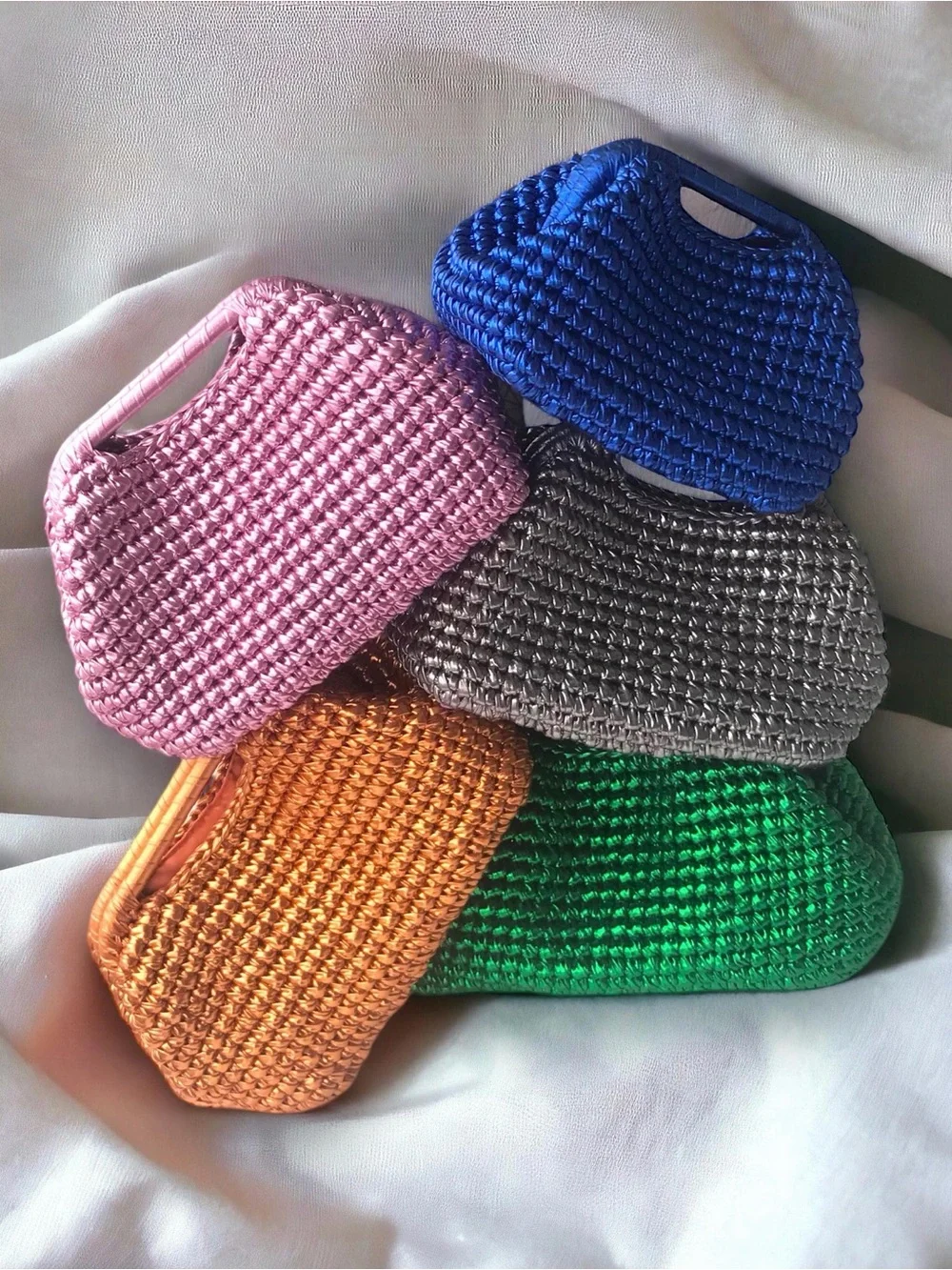 Handwoven Satin-Look Pink Woven Handle Bag